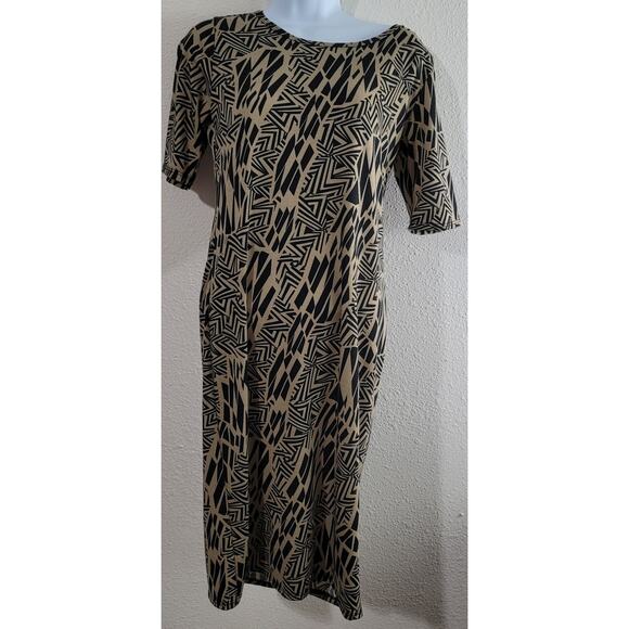 LuLaRoe Black Brown Geo Print A Line Midi Dress Small Short Sleeves Round Neck - Picture 1 of 5